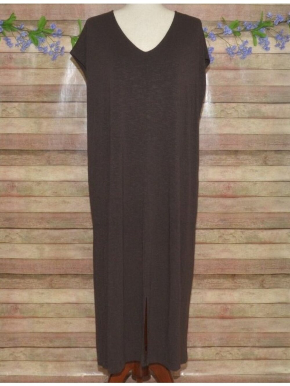J.Jill Womens L Chocolate Brown V Neck Column Maxi Dress Pockets Rayon Stretch